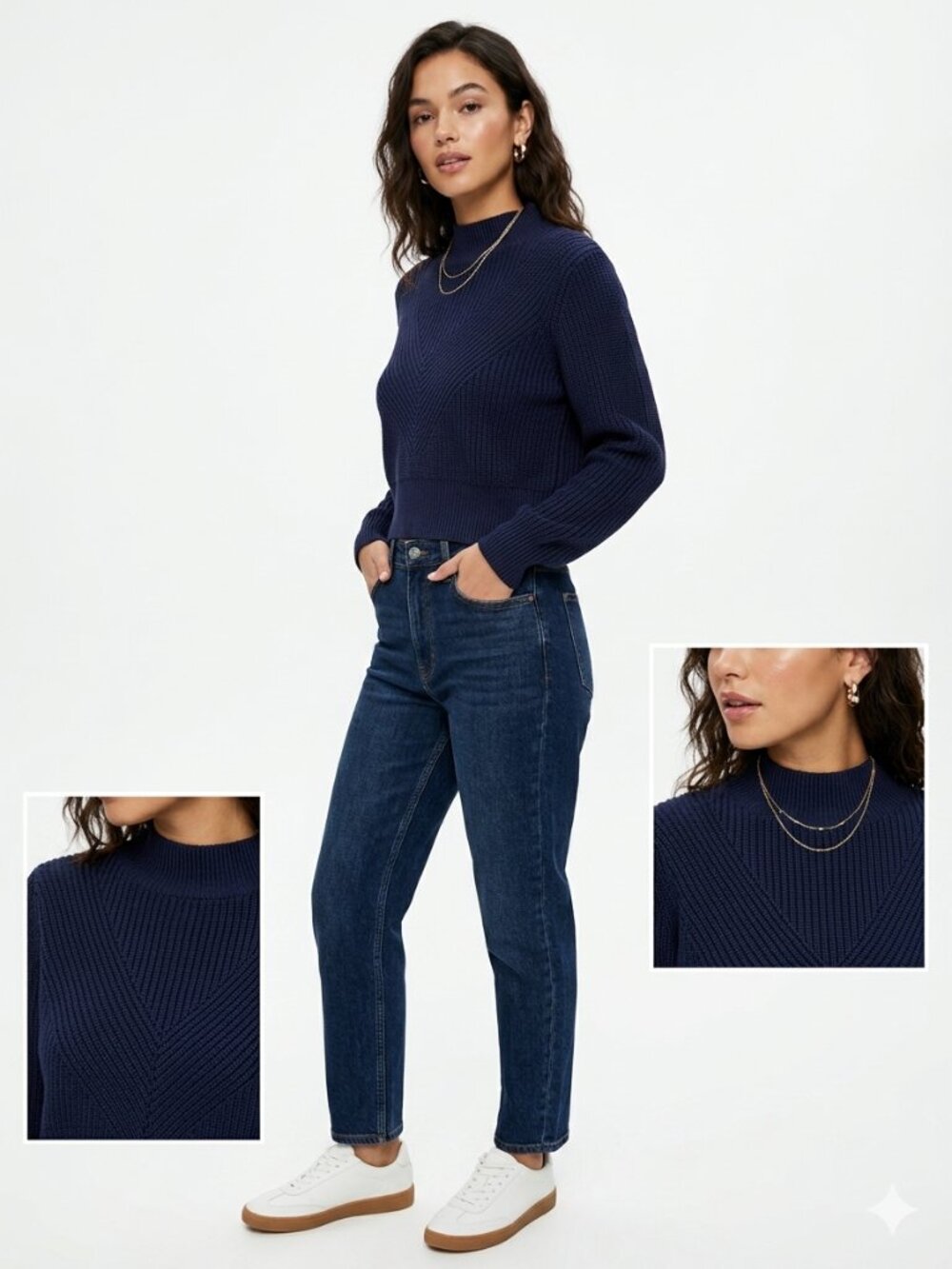 NWT Kendall and Kylie Navy Blue Cropped Knit Sweater Small - Picture 3 of 15